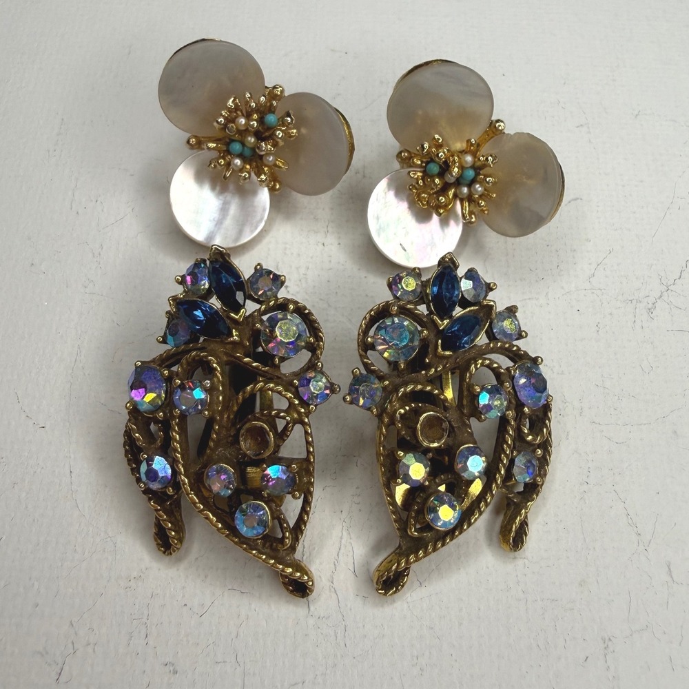 Vintage Clip On Earrings Lot of 2 Floral & Rhinestone Signed CHAREL Jewelry